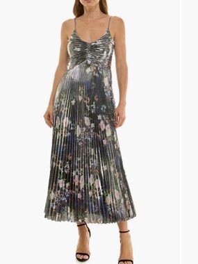 Nicole Miller Metallic Pleated Floral Dress in Gunmetal and Blush